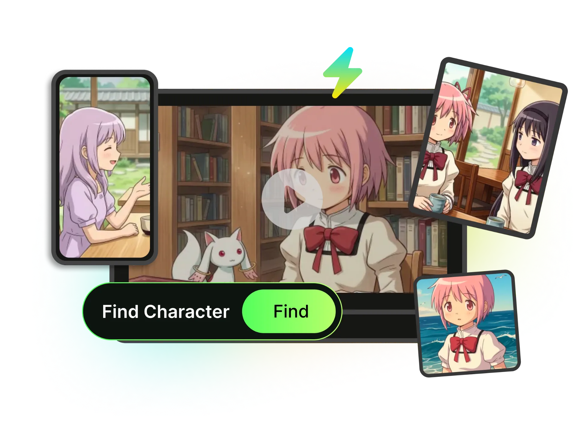 Anime editing workflow showing character scenes found instantly from full episodes